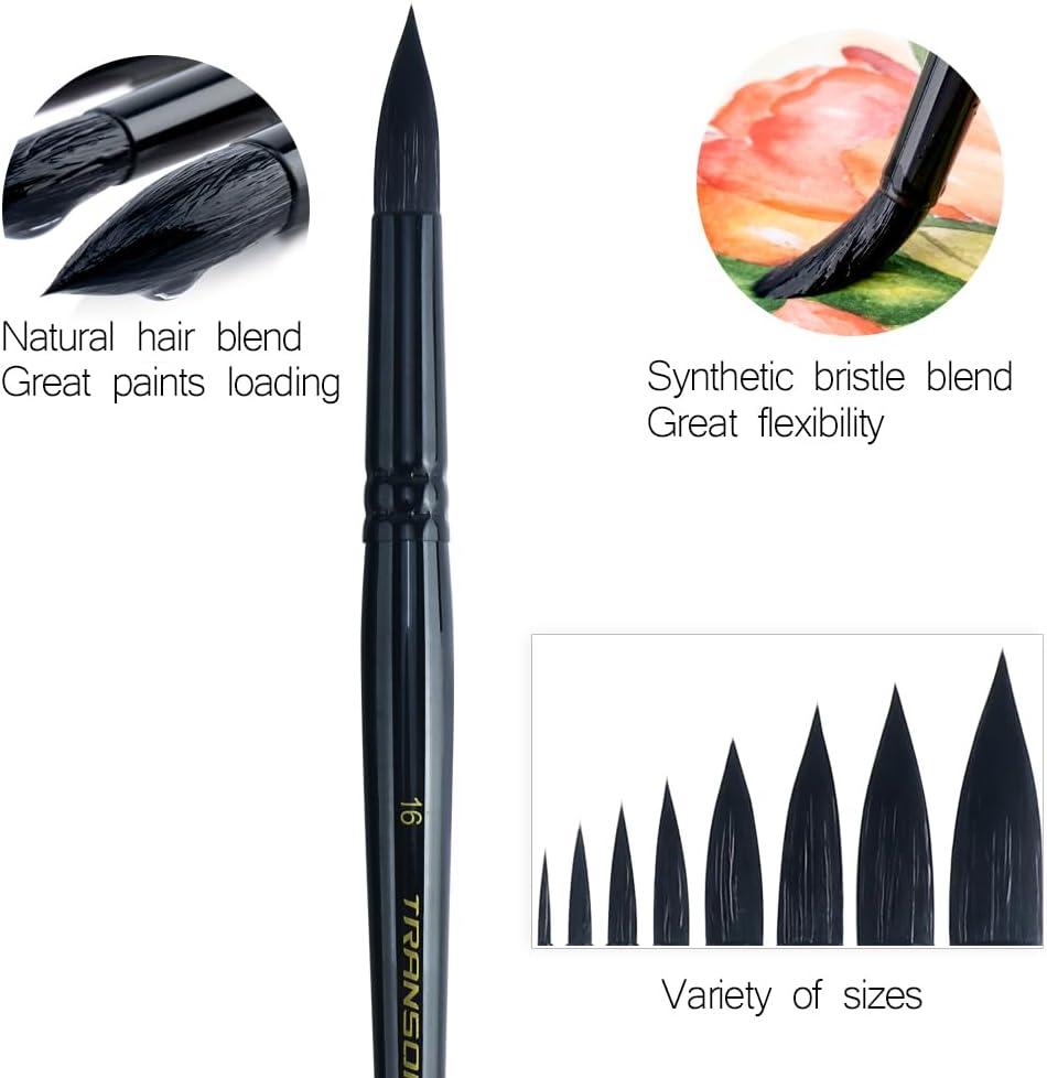 Transon 8pcs Round Watercolor Paint Brush Set Goat Hair for Watercolors,Acrylics,Inks,Gouache,Oil and Tempera Black Color
