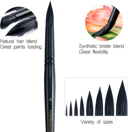 Transon 8pcs Round Watercolor Paint Brush Set Goat Hair for Watercolors,Acrylics,Inks,Gouache,Oil and Tempera Black Color