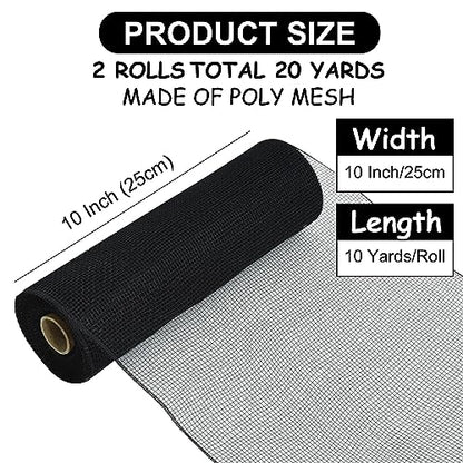 2 Rolls 10 Inch Black Decorative Mesh Ribbbon Rolls (60 Foot)