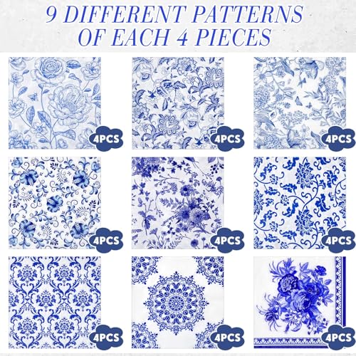 36 Pack 9 Styles Decoupage Napkins Blue and White Floral Napkins (36 Count)