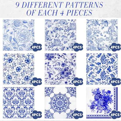 36 Pack 9 Styles Decoupage Napkins Blue and White Floral Napkins (36 Count)