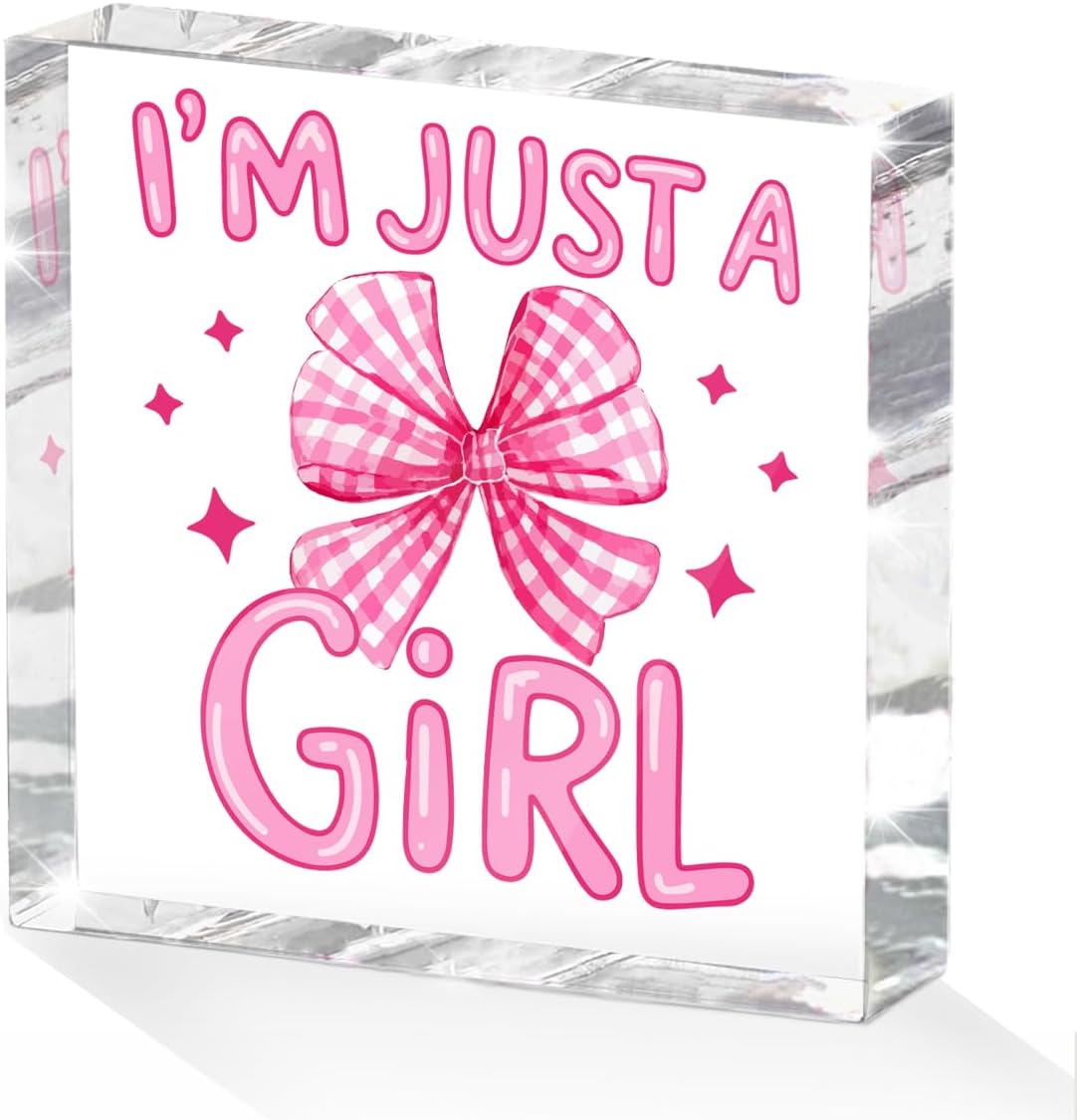 Positive Affirmation Gifts for Women Friends, Preppy Desk Decor Acrylic Sign 4X4 Inch, Pink Coquette Bow Desk Accessories Decorative Signs for Table Top Cubicle Room Office