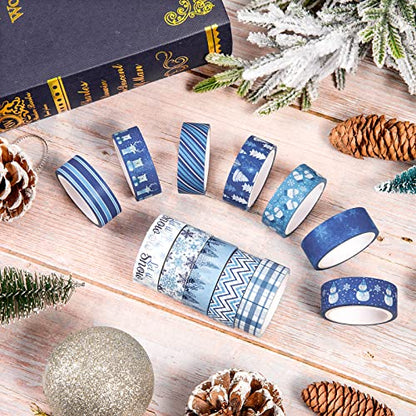 12 Rolls Winter Washi Tape Blue White Snowflake Snowman Holiday Masking Tape Xmas Tree Reindeer Assorted Pattern Washi Tape for Scrapbook Journal DIY Craft Gift Wrapping Party Decor (196.8 Foot )