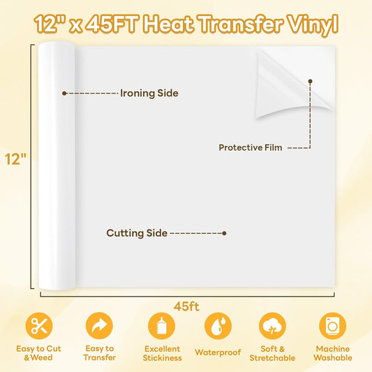 HTVRONT White Heat Transfer Vinyl - 12" x 45FT White HTV Vinyl Roll for T Shirts, White Iron on Vinyl Compatible with Cricut Cutting Machine & Silhouette Cameo - Easy to Cut & Weed