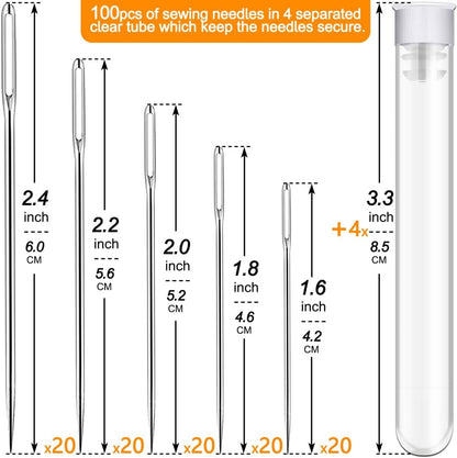 100 Pack Premium Large Eye Needles for Hand Sewing with Needle Threaders, Assorted Sizes, Embroidery Needles for Hand Sewing, Sewing Needles Large Eye, Big Eye Needle