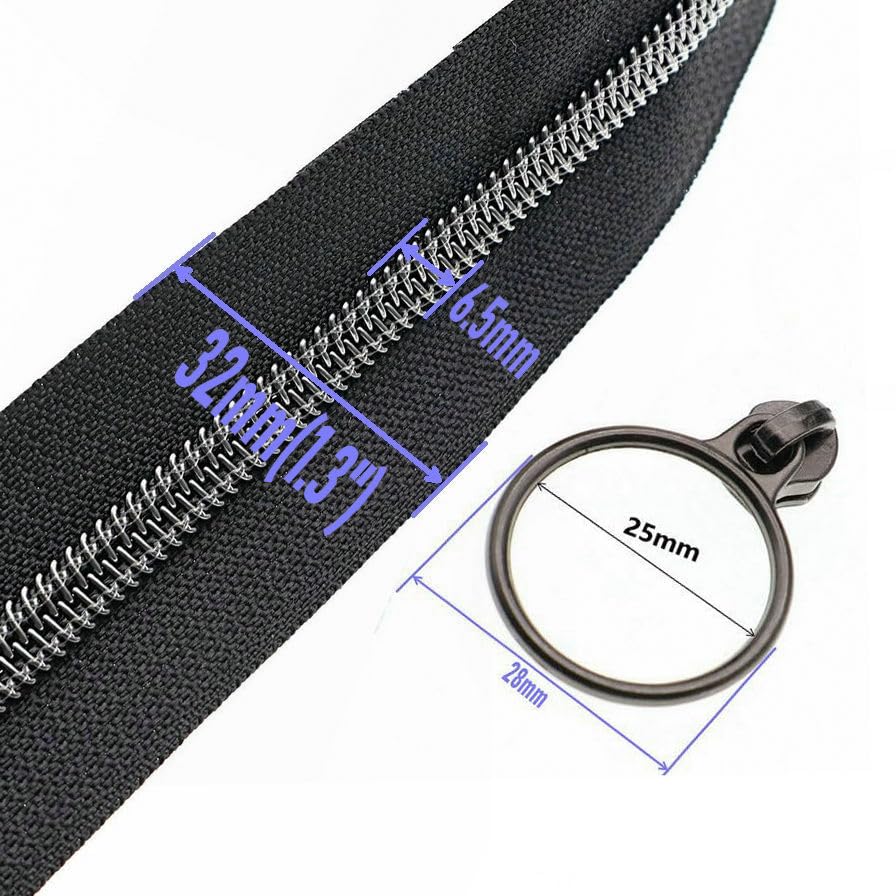 5 Black Nickel Metallic Nylon Coil Teeth Zippers by the Yard Bulk 10 Yards Black Zipper Tape with 25pcs Black Nickel Ring Pull Sliders for DIY Sewing Tailor Craft Bag
