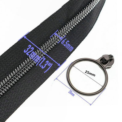 5 Black Nickel Metallic Nylon Coil Teeth Zippers by the Yard Bulk 10 Yards Black Zipper Tape with 25pcs Black Nickel Ring Pull Sliders for DIY Sewing Tailor Craft Bag