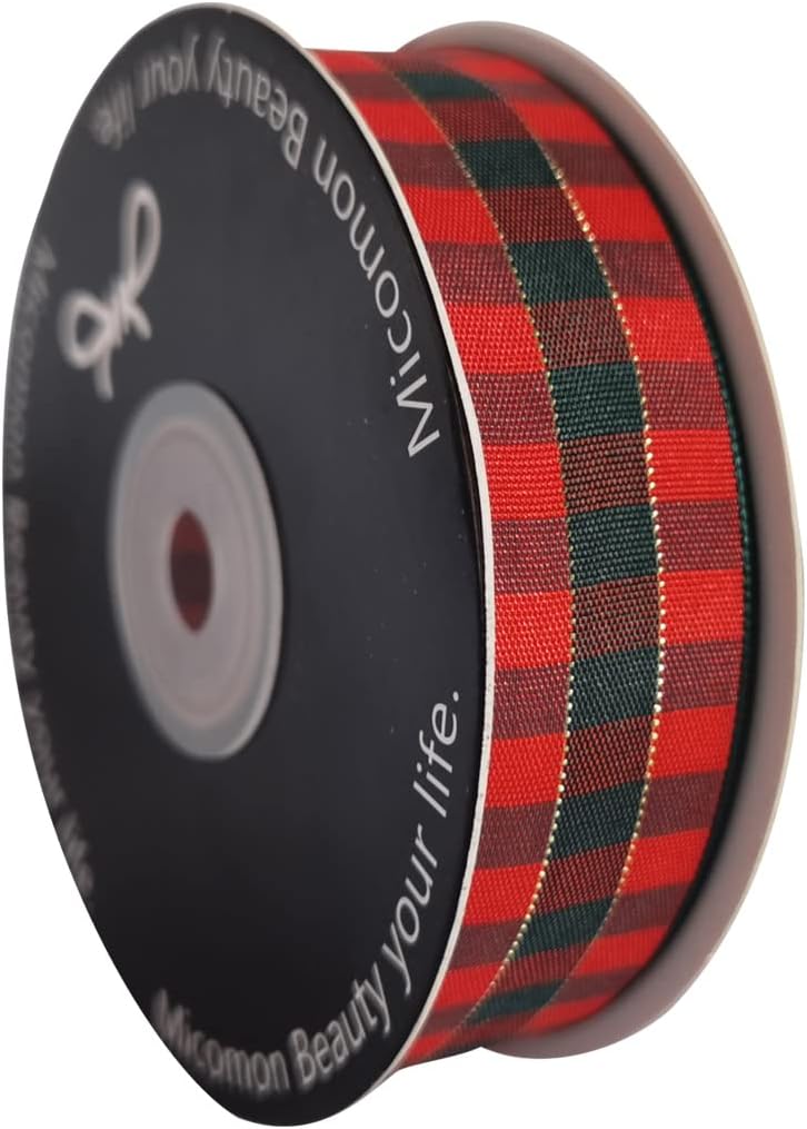 Micomon X'Mas Gingham Ribbon Green Red Metallic Gingham Ribbon 25 Yards Each Roll 100% Polyester (1",RedGreenGold) - Crafty Corner