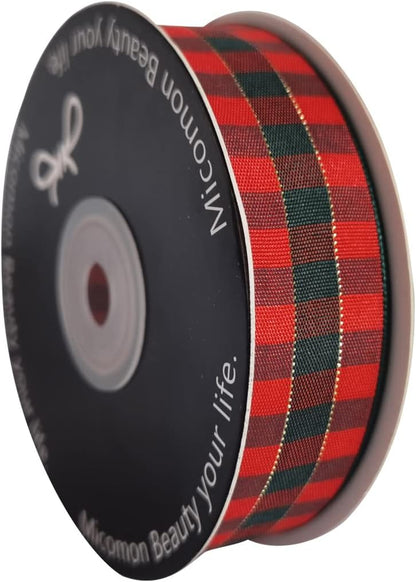 Micomon X'Mas Gingham Ribbon Green Red Metallic Gingham Ribbon 25 Yards Each Roll 100% Polyester (1",RedGreenGold) - Crafty Corner