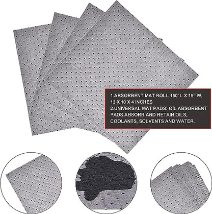 Premium Polypropylene 150' L x 15" W Absorbent Mat Roll Gray Heavy Weight Oil Absorbing Mats Universal Oil for Absorbing Oils