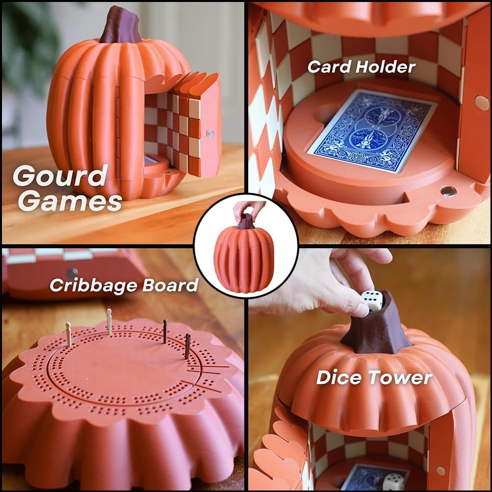 Forgecore Gourd Games, Pumpkin Game Set: Magnetic Chess Checkers, Dice Tower, Cribbage, Card Holder, Gourd Gambit Pumpkin Chess Expansion Pack, 3D Printing Portable Adult Pumpkins Board Game Set(#2)