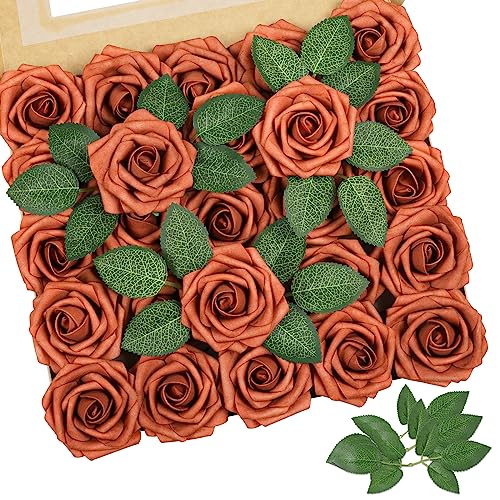 Burnt Orange Rose 25pcs Real Looking Artificial Flowers w (25 Count)