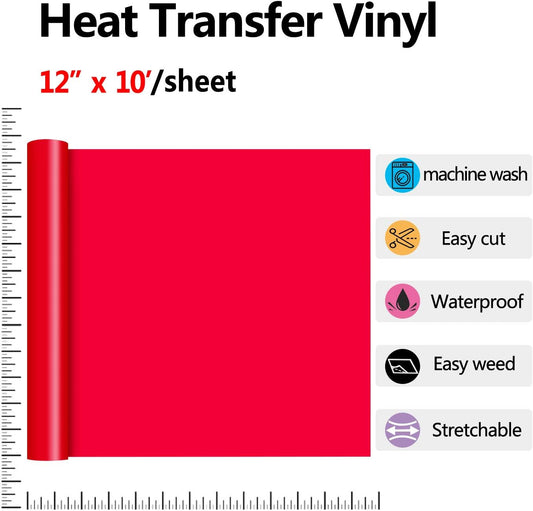 RENLITONG Red HTV Iron on Vinyl 12Inch by 10ft Roll Heat Transfer Vinyl for T-Shirt HTV Rolls for All Cutter Machine - Easy to Cut & Weed for Heat Transfer Design