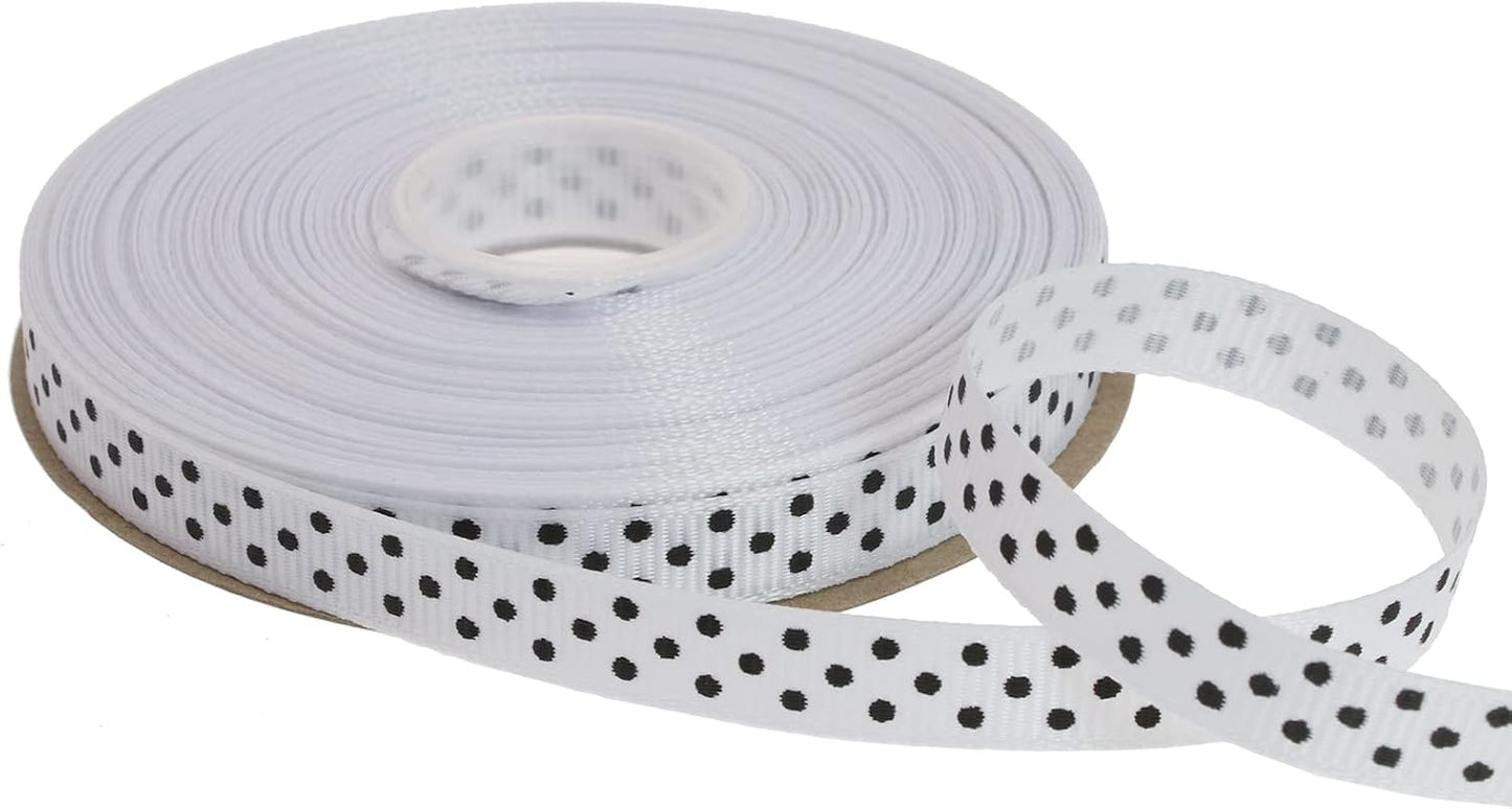 Polka Dot Grosgrain Ribbon 25 Yard Each Roll 100% Polyester (3/8", White) - Crafty Corner