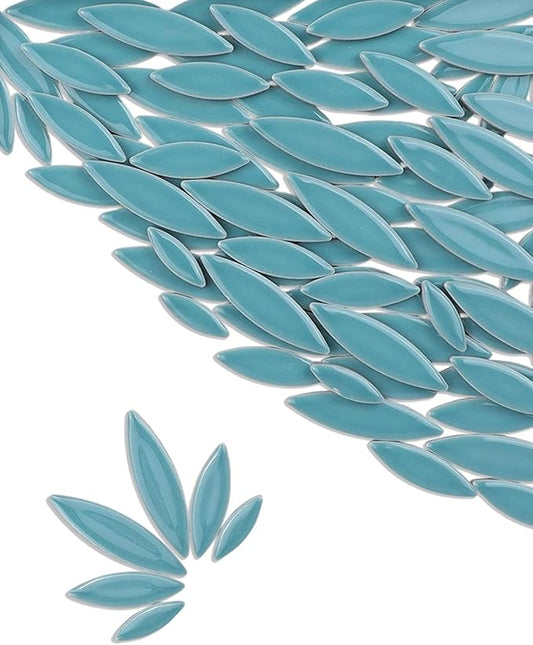200g Ceramic Petals Bulk Mosaic Tiles for Craft, Small Oval Stepping Stone Kit, Glazed Porcelain Pieces for Coaster Tray House Number Mirror Lamp Home Decorations (Sage Blue)