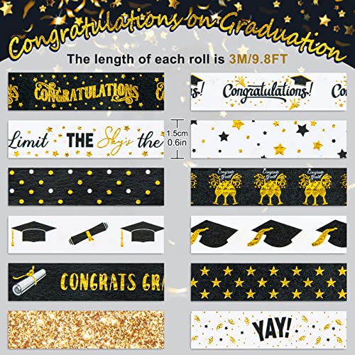 12 Rolls Graduation Washi Tape 2026 Grad Black Foil Gold Washi Masking Tape Graduation Congratulations Decorative Paper Sticker for Scrapbook DIY Art Crafts Gift Wrapping (117.6 Foot)