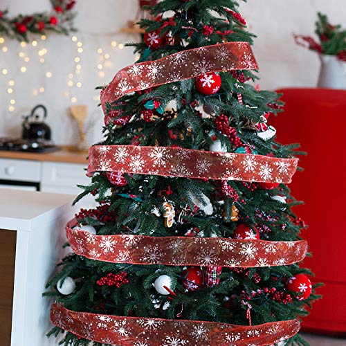 2.5 Inch Wide Christmas Wired Ribbon Snowflake Organza Sheer Glitter Ribbon for Xmas Tree (65.7 Foot)