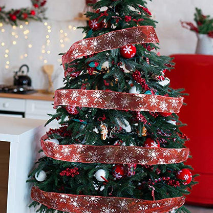 2.5 Inch Wide Christmas Wired Ribbon Snowflake Organza Sheer Glitter Ribbon for Xmas Tree (65.7 Foot)