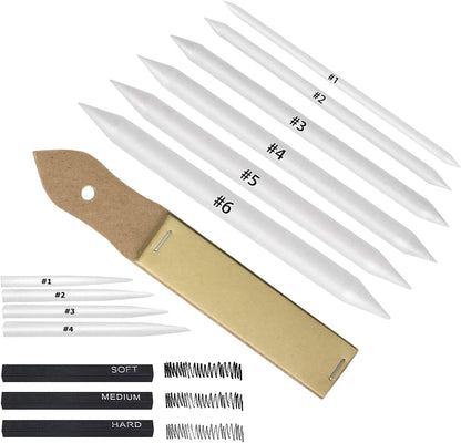 CAMATTO 14 PCS Blending Stumps and Tortillions Paper Art Blenders Tool with Sandpaper Pencil Sharpener Pointer Compressed Charcoal Sticks for Student Artist Charcoal Sketch Drawing Shading