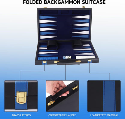 GSE Games & Sports Expert Premium Leather Backgammon Board Game Set, Classic Backgammon Game Set with Leather Case, Travel Folding Board Game (Black&Blue, Medium)