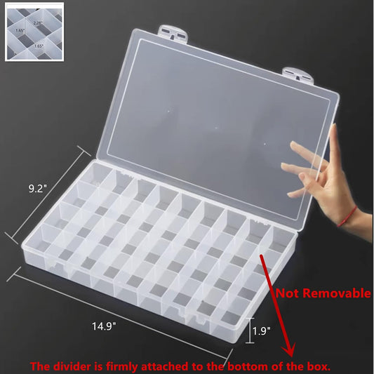 Feadily 1PCS 36 Grids Large Plastic Organizer Box with Dividers, Compartment Organizer Box for Nail Accessories/Screw/Sewing Arts and Oil Paint, Bead Storage Containers 14.9" x 9.2" x 1.9" (Clear)