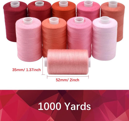 Sewing Thread 10 Color Sewing Industrial Purpose 1000 Yards Per Spool 40S/2 Polyester for DIY Sewing Machine,Embroidery Machine,Hand Sewing (Red)