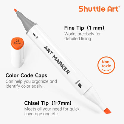 Shuttle Art 121 Colors Alcohol Markers, 120 Colors Dual Tip Art Marker Set Plus 1 Colorless Blender with Marker Case Perfect for Illustration Students Adult Coloring Sketching