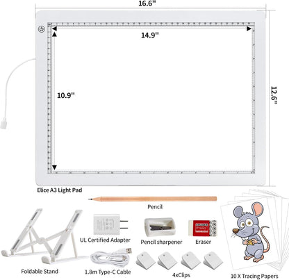A3 LED Light Box for Tracing, elice Artist Drawing Lightbox Light Table Light Pad Light Copy Board, Up to 8000 Lux Super Bright Lightpad for Cricut Weeding Vinyl, Diamond Painting, Sketching (White)