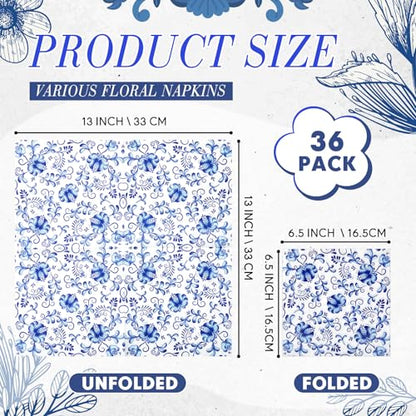 36 Pack 9 Styles Decoupage Napkins Blue and White Floral Napkins (36 Count)