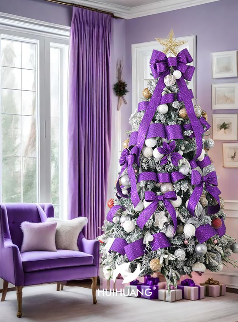 HUIHUANG Purple Wired Christmas Ribbon 4 inch Purple Glitter Wired Ribbon Diamond Mesh Wire Ribbon for X-mas Tree Decorations, Wreaths, Garland, Large Bows Making, Home Decor -10 Yards - Crafty Corner