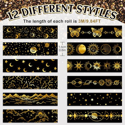 12 Rolls Gold Foil Galaxy Washi Tape Black Gold Sun Moon Star Masking Tape Set Decorative Wrapping Paper Tapes for Scrapbook Journal DIY Art Crafts (12 Count)