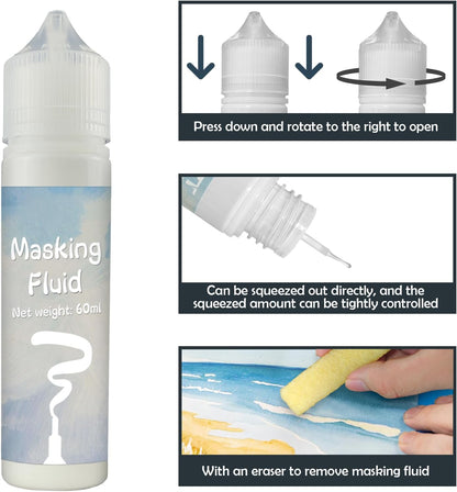 White Masking Fluid for Watercolor Painting 60ml, Resistant Ink and Pouring Paint, Watercolor Masking Fluid Keeps Areas Colorless and Edges Sharp