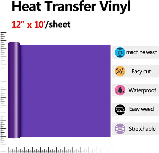 RENLITONG Purple HTV Iron on Vinyl 12Inch by 10ft Roll Heat Transfer Vinyl for T-Shirt HTV Rolls for All Cutter Machine - Easy to Cut & Weed for Heat Transfer Design
