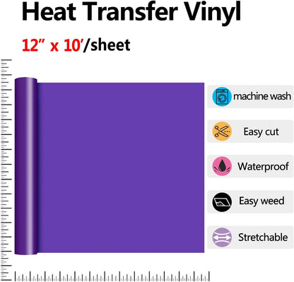 RENLITONG Purple HTV Iron on Vinyl 12Inch by 10ft Roll Heat Transfer Vinyl for T-Shirt HTV Rolls for All Cutter Machine - Easy to Cut & Weed for Heat Transfer Design