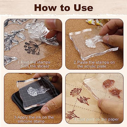 8+2 Sheets Clear Stamps Set Acrylic Stamp Blocks Vintage Plants Flower (10 Count)