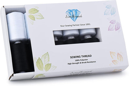 Simthread All Purpose Sewing Thread, 10 Spool (5 White+ 5 Black) 1000 Yards Each Bobbin Polyester Thread for Sewing, Handy Polyester Sewing Threads for Sewing Machine - (White and Black Series)