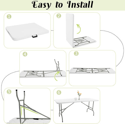 8 FT Folding Tables White Foldable Table, Fold-in-Half with Carrying Handle Portable Plastic Rectangular Table for Party, Dining, Wedding, Camping, Picnic, Indoor Outdoor Events