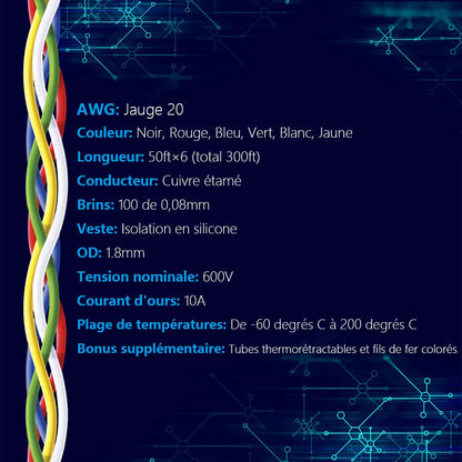 Fermerry 20 AWG Stranded Wire Spool 50ft Each 6 Colors Flexible 20 Gauge Silicone Hook up Wire Kit Electrical Tinned Copper Wire