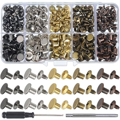 150 Sets 8MM Chicago Screws Leather Rivets for Fabric Chicago Binding Screws Buttons Metal Studs Rivets for Decorate and Repair Belts Bags Shoes Purse Dog Collar Leather Craft