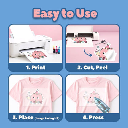 TranSmile PU-Heat Transfer Paper for T Shirts (50 Sheets, 8.5x11'', Light), Iron on Transfers for Light Fabric, Printable Heat Transfer Vinyl for Inkjet Printer