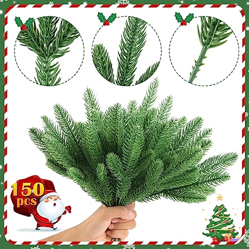 150 Pcs Artificial Pine Branches Christmas Greenery Pine Picks DIY Cedar Picks and Sprays Accessories for Christmas Garland Wreath and ChristmChristmas Home Decor (150 Count)