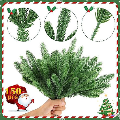 150 Pcs Artificial Pine Branches Christmas Greenery Pine Picks DIY Cedar Picks and Sprays Accessories for Christmas Garland Wreath and ChristmChristmas Home Decor (150 Count)
