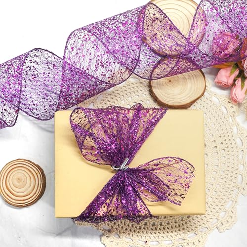 Sparkling Glitter Mesh Wired Ribbon 2.5" x 20 Yards Purple for Christmas Home Decor Bow Gift Wrapping DIY Crafts Wreath (60 Foot)