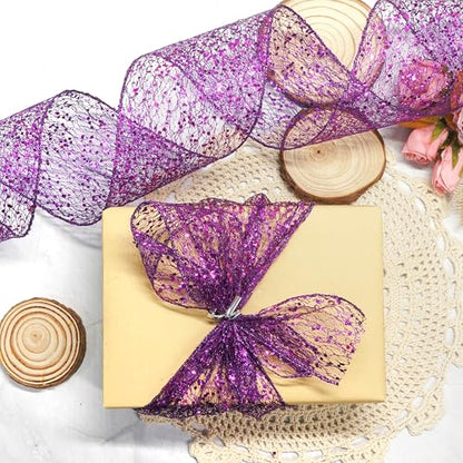 Sparkling Glitter Mesh Wired Ribbon 4" x 10 Yards Purple for Christmas Home Decor Bow Gift Wrapping DIY Crafts Wreath (30 Foot)