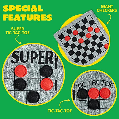 3-in-1 Vintage Giant Checkers, Tic, Tac, Toe, with Reversible Mat, 24 Chips, Family Board Game, Lawn Game, BBQ Party Favor, Indoor and Outdoor Activity for Kids and Adults (24 Count)