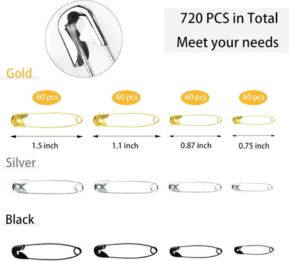 720 Pcs 3 Colors Safety Pins 4 Sizes Strong Safety Pins with Storage Box Assorted for Craft Sewing Art Clothes Jewelry Making(Gold, Black, Silver)