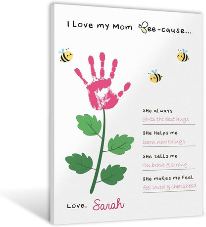 Mother's Day Handprint Craft - I Love My Mom Beecause Poster - DIY Mother's Day Gifts for Mom, Grandma, Daughter - Happy Mothers Day Gifts - DIY Poster for Wall Decor, Handprint Footprint Crafts