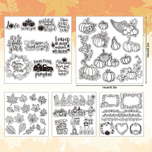 5 Sheet Fall Thanksgiving Clear Stamps Autumn Leaves Pumpkin Gnome Silicone Transparent Stamps Happy Fall Border Stamp Cards for DIY Craft Card Making Scrapbooking Embossing Album Decor (5 Count)