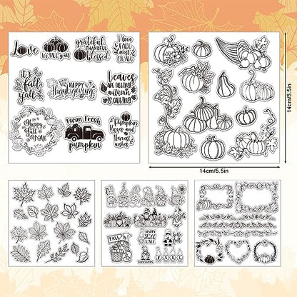 5 Sheet Fall Thanksgiving Clear Stamps Autumn Leaves Pumpkin Gnome Silicone Transparent Stamps Happy Fall Border Stamp Cards for DIY Craft Card Making Scrapbooking Embossing Album Decor (5 Count)
