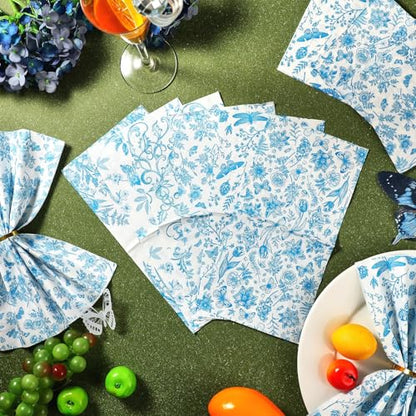 150 Pcs 10 x 10 Inch Blue Floral Paper Cocktail Napkins